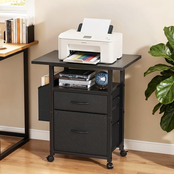 HIGDBFE File Cabinets with 2 Drawer, Rolling Fabric Filing Cabinet with 24'' Large Tabletop, Printer Stand for Home Office, Fits A4/Letter Size, Rustic Black