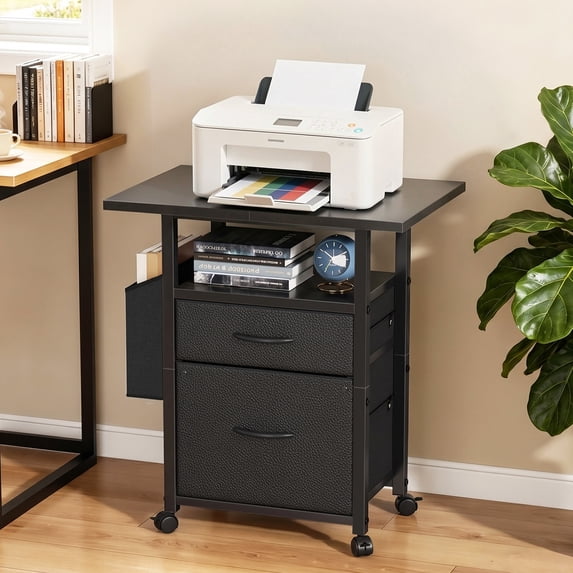 HIGDBFE File Cabinets with 2 Drawer, Rolling Fabric Filing Cabinet with 24'' Large Tabletop, Printer Stand for Home Office, Fits A4/Letter Size, Rustic Black