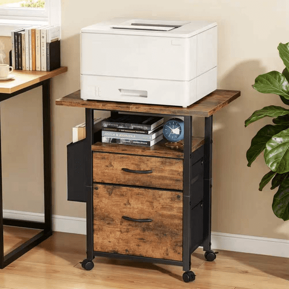 HIGDBFE File Cabinets with 2 Drawers, Rolling Fabric Filing Cabinet with 24'' Large Tabletop, Printer Stand for Home Office, Fits A4/Letter Size, Rustic Brown
