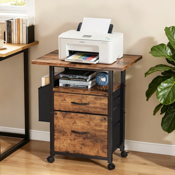 HIGDBFE File Cabinets with 2 Drawers, Rolling Fabric Filing Cabinet with 24'' Large Tabletop, Printer Stand for Home Office, Fits A4/Letter Size, Rustic Brown