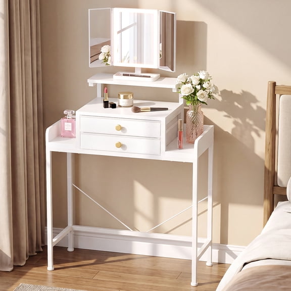 HIGDBFE Vanity Desk with Mirror and Lights, Small Makeup Desk with Height-Adjustable Stand, Compact Makeup Table for Bedroom , White