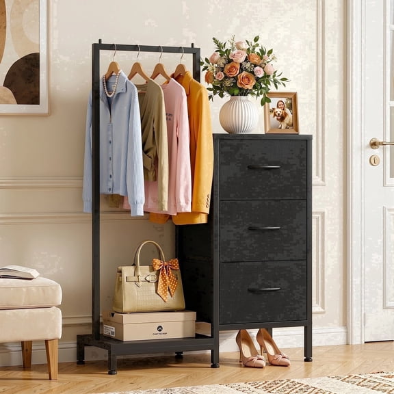HIGDBFE Small Dresser with Hanging Rack, 3 Fabric Drawers Tall Sturdy Clothes Storage, Space Saving for Bedroom, Entryway, Black
