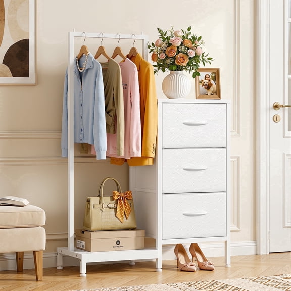 HIGDBFE Dresser with Hanging Rack, 3 Fabric Drawers Tall Clothes Storage for Bedroom, Entryway, White
