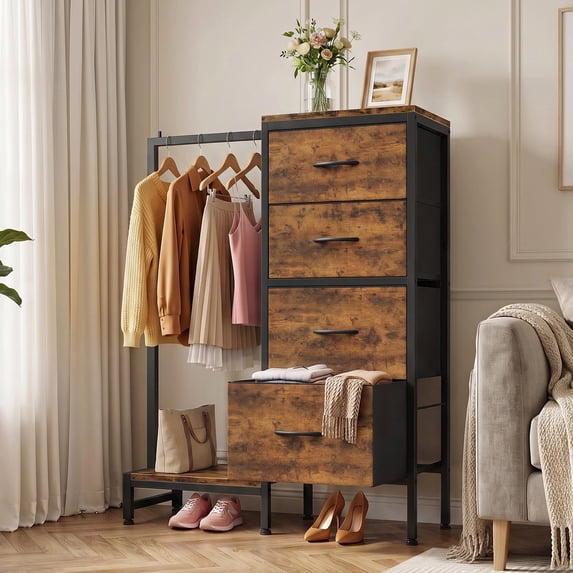 HIGDBFE 4 Drawers Dresser with Clothes Rack, Small Dresser for Bedroom, 44''H Fabric Dresser with Hanging Rack, Rustic Brown