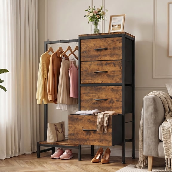 HIGDBFE 4 Drawers Dresser with Clothes Rack, Small Dresser for Bedroom, 44''H Fabric Dresser with Hanging Rack, Rustic Brown