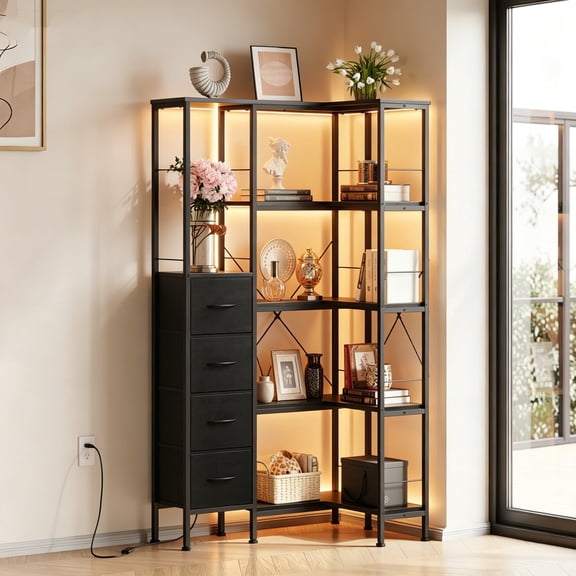 HIGDBFE 5-Tier Corner Bookshelf with LED Lights and 4 Fabric Drawers, L-Shaped Corner Shelf and Wood Industrial Bookcase for Living Room, Home Office, Rustic Black