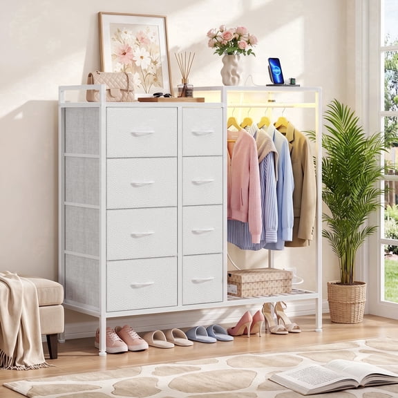 HIGDBFE 8-Drawer Dresser for Bedroom with Clothes Rack, Dresser with Charging Station & LED Lights, Wooden Top Storage Chest of Drawers with Fabric Drawers, White