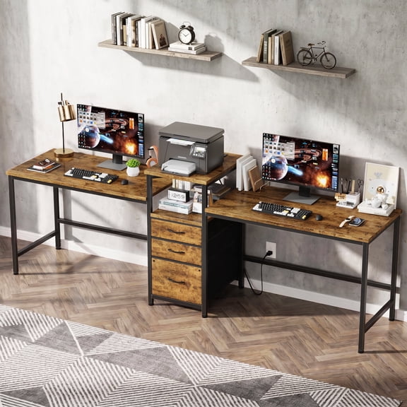 HIGDBFE 93" 2 Person Desk with 3 Fabric Drawers & Printer Stand, Long Double Desk with Power Outlet & USB Ports, Home Office Computer Desk, Rustic Brown