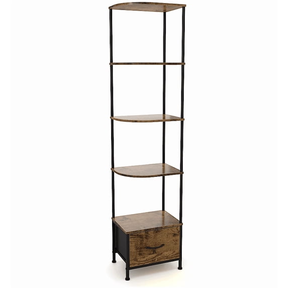 HIGDBFE 5-Tier Corner Shelf with LED Light and Fabric Drawer, 67" Tall Corner Bookshelf for Small Spaces, Rustic Brown