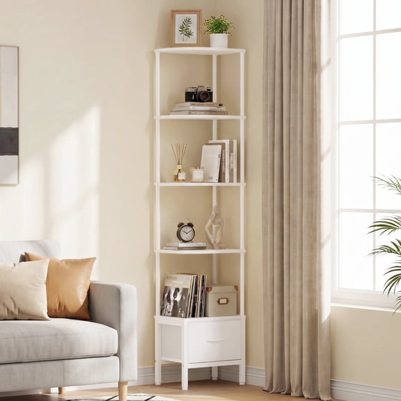 HIGDBFE 5-Tier Corner Shelf with LED Light and Fabric Drawer, 67" Tall Corner Bookshelf for Small Spaces, White