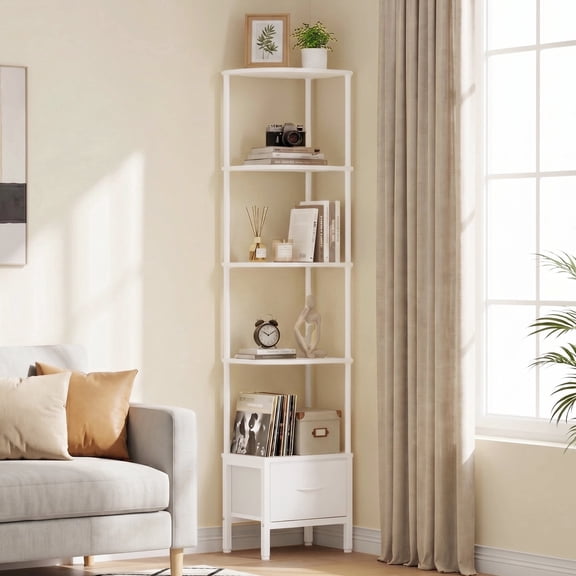 HIGDBFE  5-Tier Corner Shelf with LED Light and Fabric Drawer, 67" Tall Corner Bookshelf for Small Spaces, White