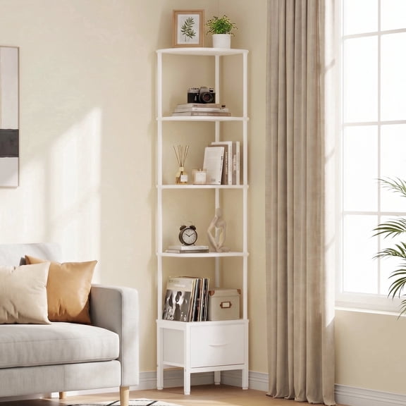 HIGDBFE 5-Tier Corner Shelf with LED Light and Fabric Drawer, 67" Tall Corner Bookshelf for Small Spaces, White