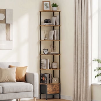 HIGDBFE  6-Tier Corner Shelf with LED Light and Fabric Drawer, 75" Tall Corner Bookshelf for Small Spaces, Rustic Brown