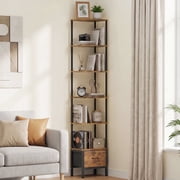 HIGDBFE 6-Tier Corner Shelf with LED Light and Fabric Drawer, 75 Tall Corner Bookshelf for Small Spaces, Rustic Brown