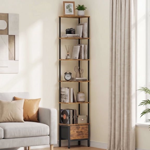 HIGDBFE 6-Tier Corner Shelf with LED Light and Fabric Drawer, 75" Tall Corner Bookshelf for Small Spaces, Rustic Brown
