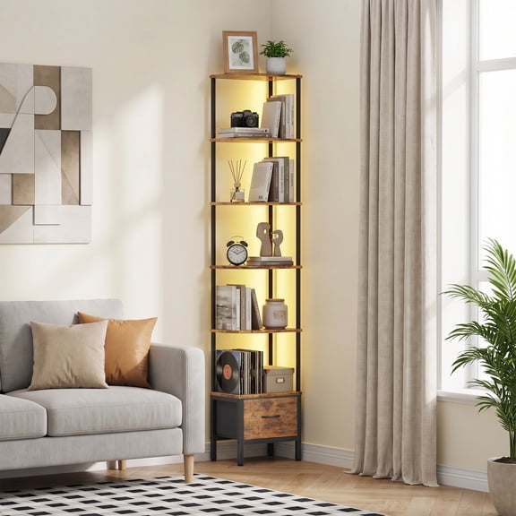 HIGDBFE 6-Tier Corner Shelf with LED Light and Fabric Drawer, 75" Tall Corner Bookshelf for Small Spaces, Rustic Brown
