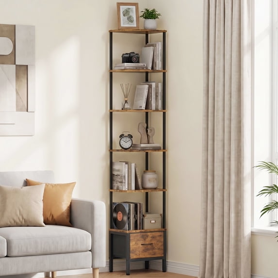 HIGDBFE 6-Tier Corner Shelf with LED Light and Fabric Drawer, 75" Tall Corner Bookshelf for Small Spaces, Rustic Brown