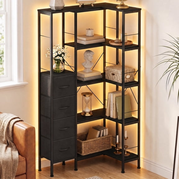 HIGDBFE 5-Tier Corner Bookshelf with LED Lights and 4 Fabric Drawers, L-Shaped Industrial Bookcase, Corner Display Shelf for Living Room, Home Office, Rustic Black