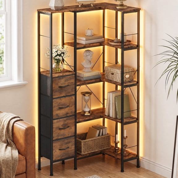 HIGDBFE 5-Tier Corner Bookshelf with LED Lights and 4 Fabric Drawers, L-Shaped Industrial Bookcase, Corner Display Shelf for Living Room, Home Office, Rustic Brown