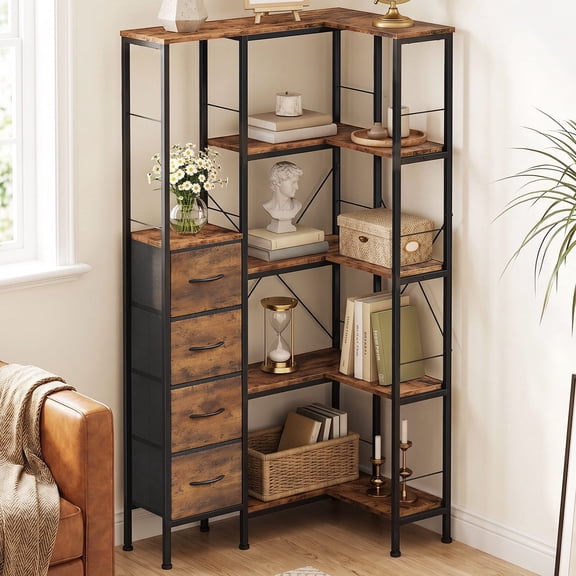 HIGDBFE 5-Tier Corner Bookshelf with LED Lights and 4 Fabric Drawers, L-Shaped Industrial Bookcase, Corner Display Shelf for Living Room, Home Office, Rustic Brown