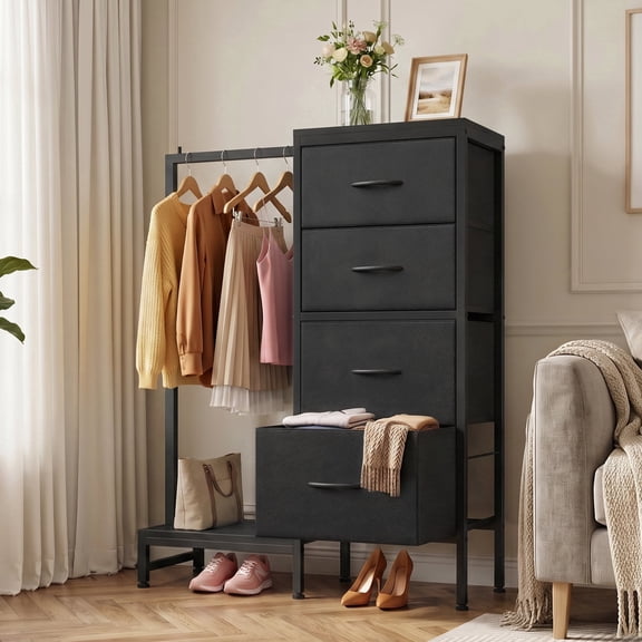HIGDBFE 4 Drawers Dresser with Clothes Rack, Small Bedroom Organizer, 44''H Fabric Dresser with Hanging Rod, Black