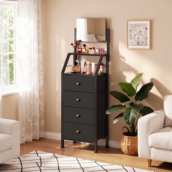 HIGDBFE 4-Drawer Dresser with Adjustable Mirror, Tall Fabric Vanity Chest for Bedroom, Hallway and Small Spaces, Black
