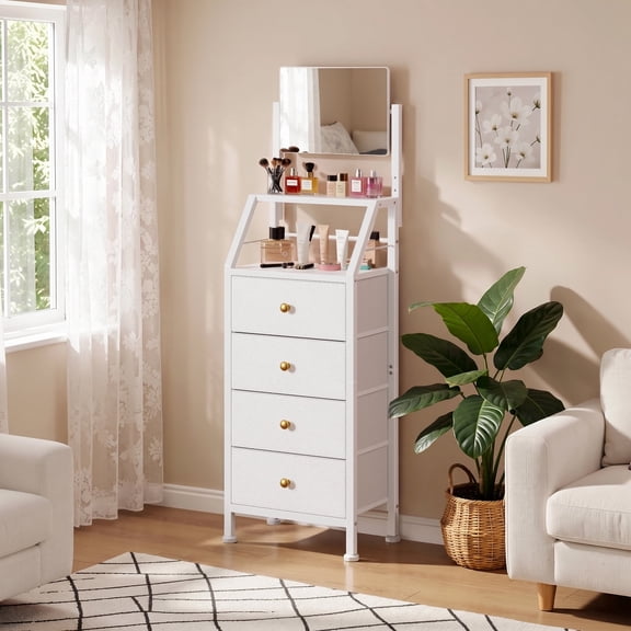 HIGDBFE 4-Drawer Dresser with Adjustable Mirror, Tall Fabric Vanity Chest for Bedroom, Hallway and Small Spaces, White