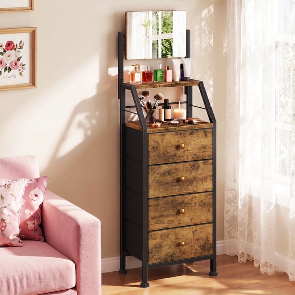 HIGDBFE 4-Drawer Dresser with Adjustable Mirror, Tall Fabric Vanity Chest for Bedroom, Hallway and Small Spaces, Brown