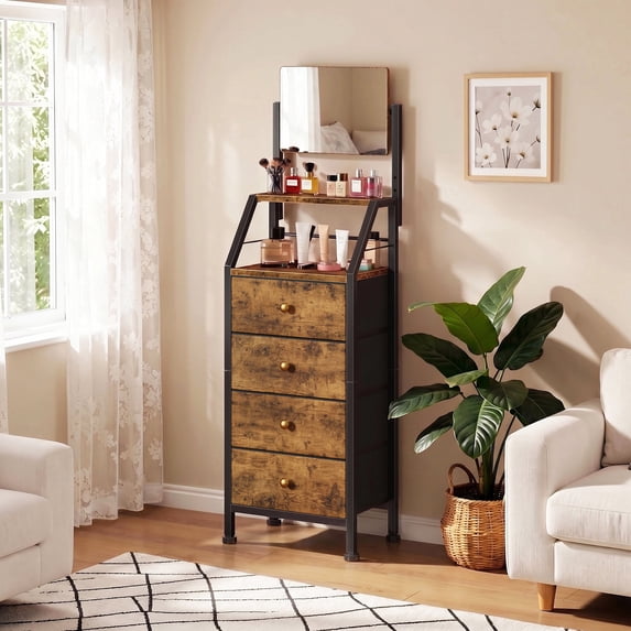 HIGDBFE 4-Drawer Dresser with Adjustable Mirror, Tall Fabric Vanity Chest for Bedroom, Hallway and Small Spaces, Brown