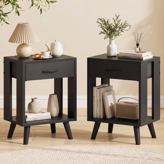 HIGDBFE Nightstand Set of 2 with Fabric Drawers and Open Shelves, Retro Bedside End Tables for Bedroom Living Room, Space-Saving Side Table for Small Rooms, Black