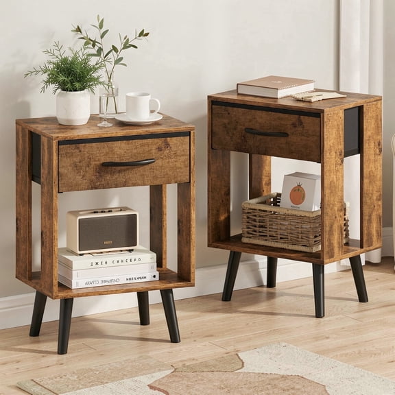 HIGDBFE Nightstand Set of 2 with Fabric Drawers, Bedside Table with Open Shelf, Side and End Table for Bedroom, Living Room, Brown