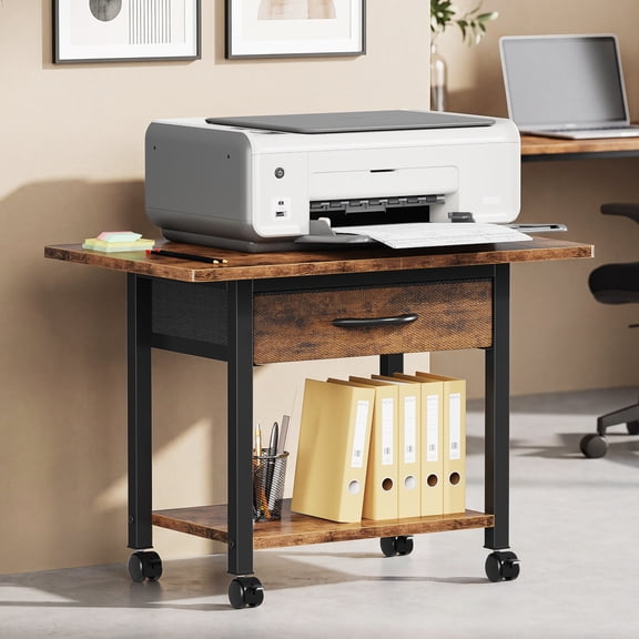 HIGDBFE Rolling Printer Cart, 2-Tier Under Desk Printer Stand with Fabric Storage Drawer for Home Office, Brown