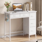 HIGDBFE Small Desk with 5 Fabric Drawers, Computer Desk with Iron Hook for Bedroom Home Office, White