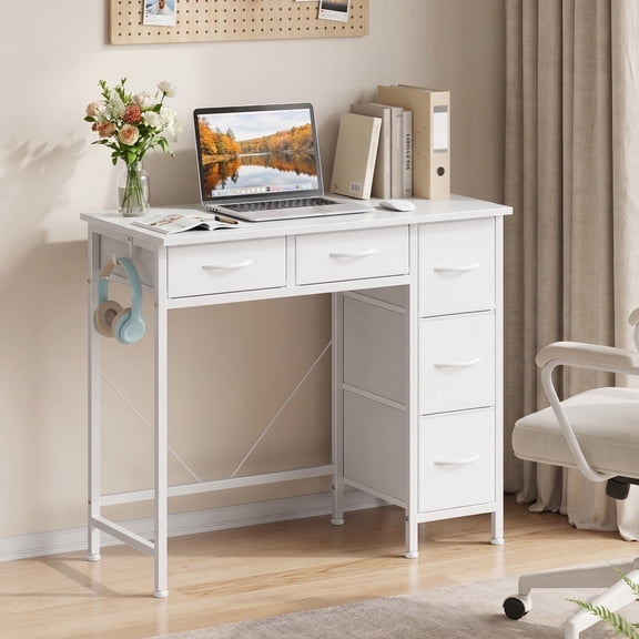 HIGDBFE Small Desk with 5 Fabric Drawers, Computer Desk with Iron Hook for Bedroom Home Office, White
