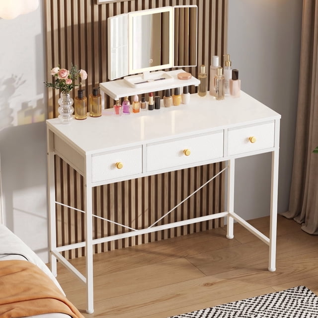 HIGDBFE Small Makeup Vanity Desk with Lighted Mirror, 3 Fabric Drawers ...