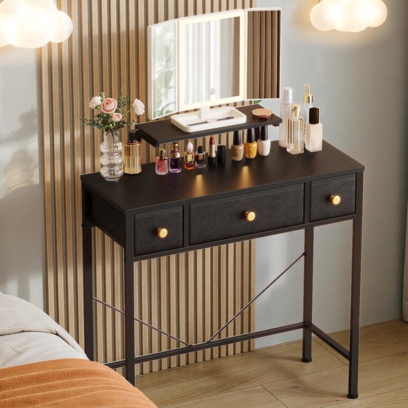 HIGDBFE Small Makeup Vanity Desk with Lighted Mirror, 3 Fabric Drawers and Height-Adjustable Stand, Black Vanity for Bedroom and Small Spaces