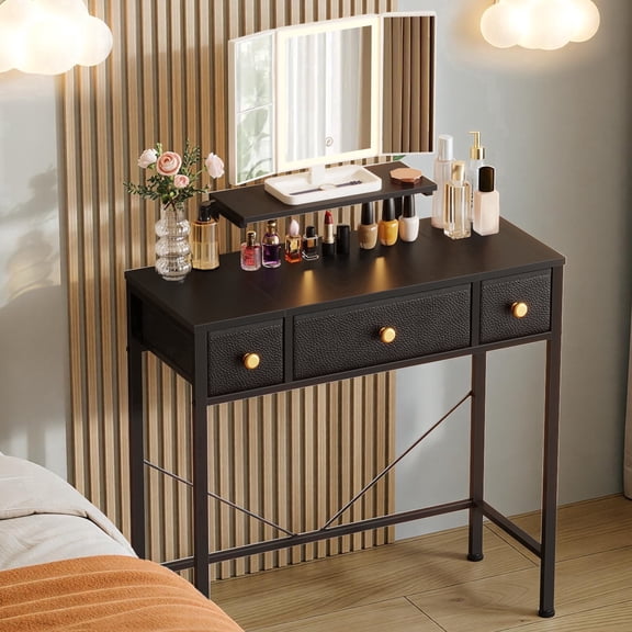 HIGDBFE Small Makeup Vanity Desk with Lighted Mirror, 3 Fabric Drawers and Height-Adjustable Stand, Black Vanity for Bedroom and Small Spaces