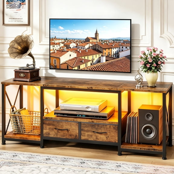 HIGDBFE TV Stand for TVs up to 55" with 2 Fabric Drawers, Industrial Entertainment Center with Open Shelves and Led Lights for Living Room Bedroom, Rustic Brown