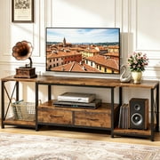 HIGDBFE TV Stand for TVs up to 65" with 2 Fabric Drawers, Industrial Entertainment Center with Open Shelves and Led Lights for Living Room Bedroom, Rustic Brown