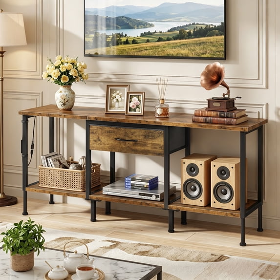 HIGDBFE TV Stand for TVs up to 55 inch, LED Entertainment Center with Fabric Drawers and Power Outlet, Metal TV Console Table for Living Room and Bedroom