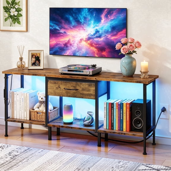 HIGDBFE TV Stand for TVs up to 55 inch, LED Entertainment Center with Fabric Drawers and Power Outlet, Metal TV Console Table for Living Room and Bedroom