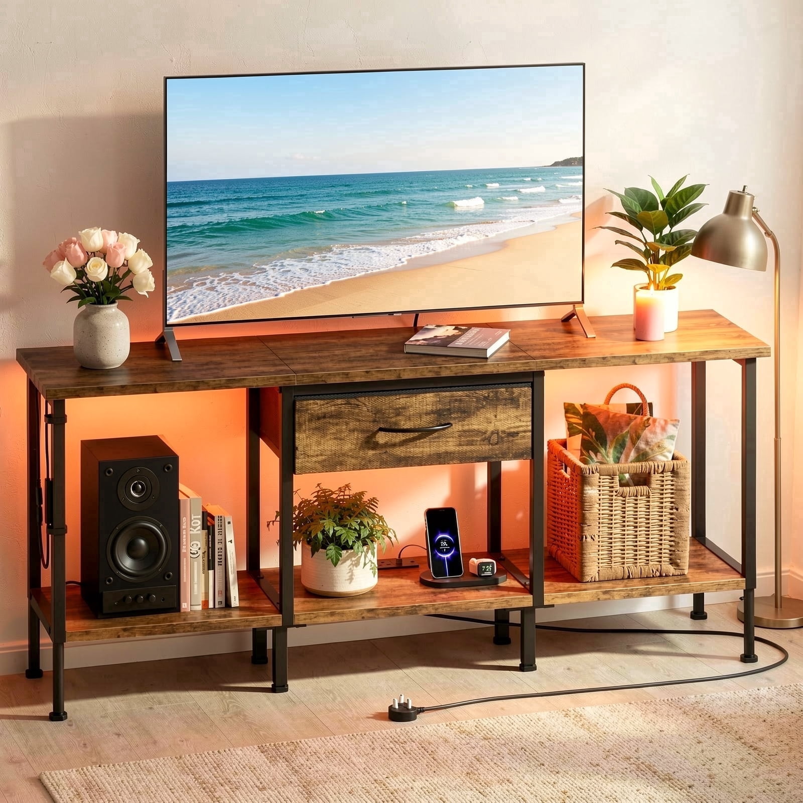 HIGDBFE TV Stand for TVs up to 55 inch, LED Entertainment Center with Fabric Drawers and Power Outlet, Industrial TV Console Table for Living Room and Bedroom