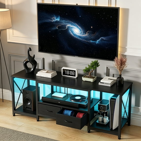HIGDBFE TV Stand for TVs up to 65" with 2 Fabric Drawers, Industrial Entertainment Center with Open Shelves and Led Lights for Living Room Bedroom, Rustic Black