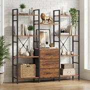 HIGDBFE Triple Wide 4-Tier Bookshelf, Industrial Open Display Bookcase, 10 Shelves and 3 Fabric Drawers Large Bookshelf for Living Room, Home Office, Rustic Bro