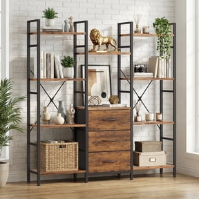 HIGDBFE Triple Wide 4-Tier Bookshelf, Industrial Open Display Bookcase, 10 Shelves and 3 Fabric Drawers Large Bookshelf for Living Room, Home Office, Rustic Brown