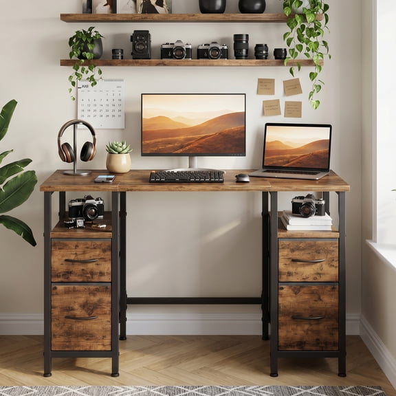 HIGDBFE 47 Inch Computer Desk with 4 Fabric File Drawers, Office Desk with Storage, Gaming Writing Table for Home Office Bedroom, Rustic Brown
