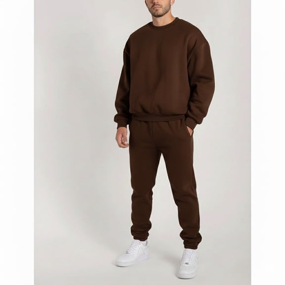 HIGH LEVEL Menswear Crewneck sweatshirt and jogger pants top and bottom set premium cotton fleece (M, Brown, Sweatsuit(Top&Bottom))