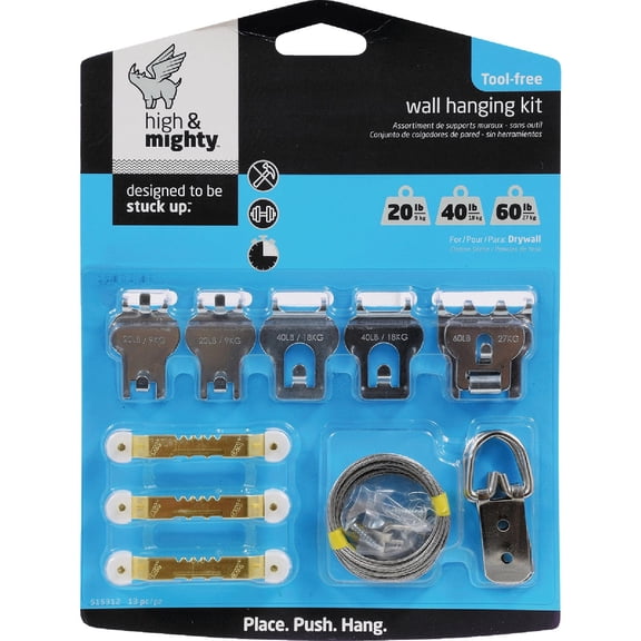 HIGH & MIGHTY 515312 Tool Free Picture Hanging Kit, 13 Pieces, up to 60LB Limit, Silver