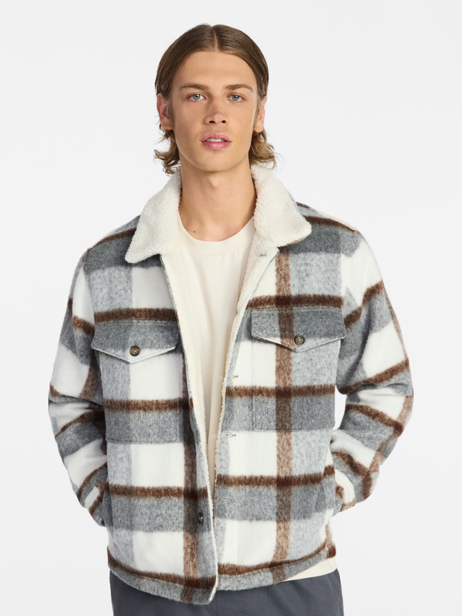 No Boundaries High-Pile Fleece Lined Plaid Overshirt, Men’s and Big Men’s