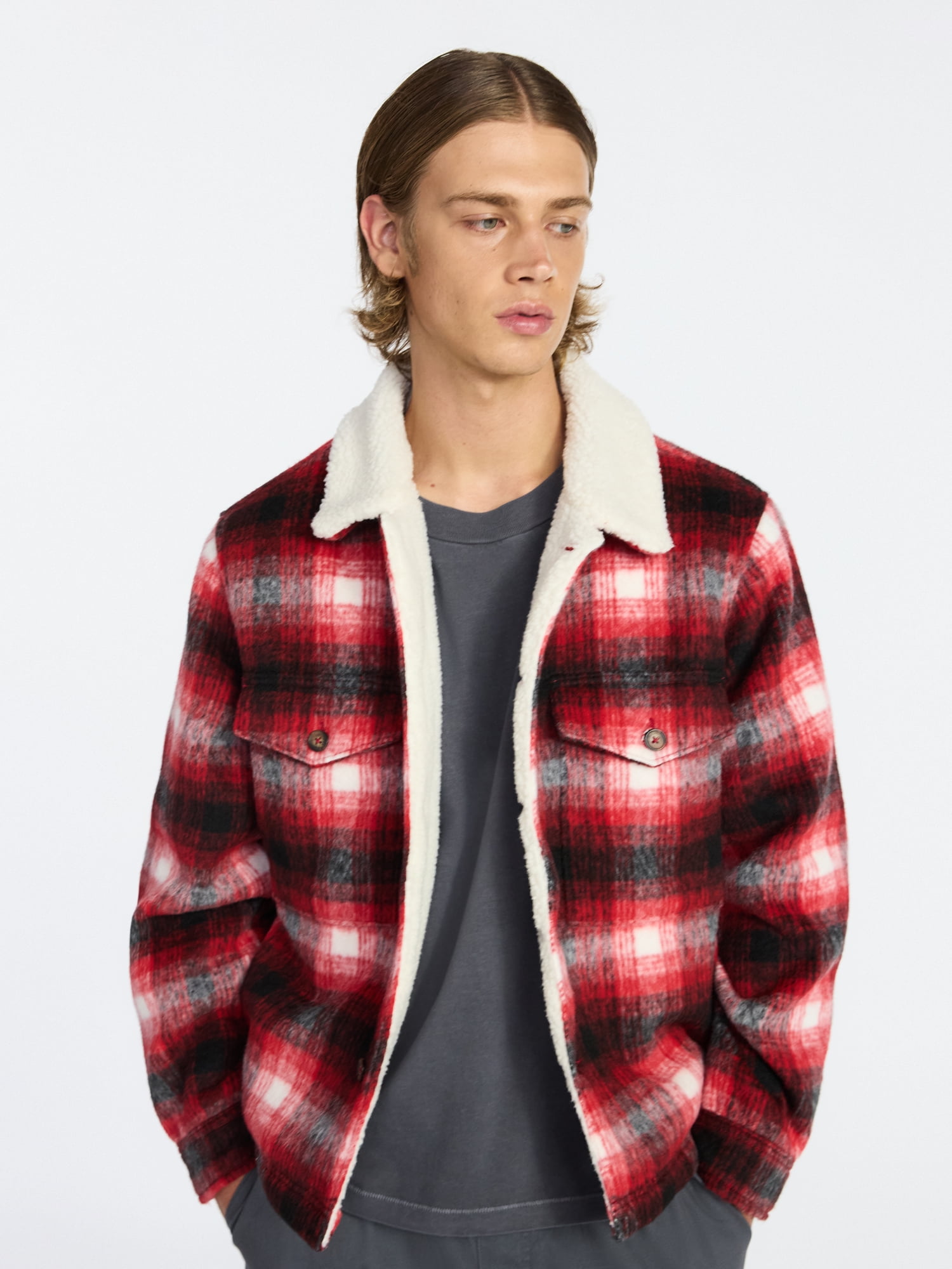 No Boundaries High-Pile Fleece Lined Plaid Overshirt, Men’s and Big Men’s